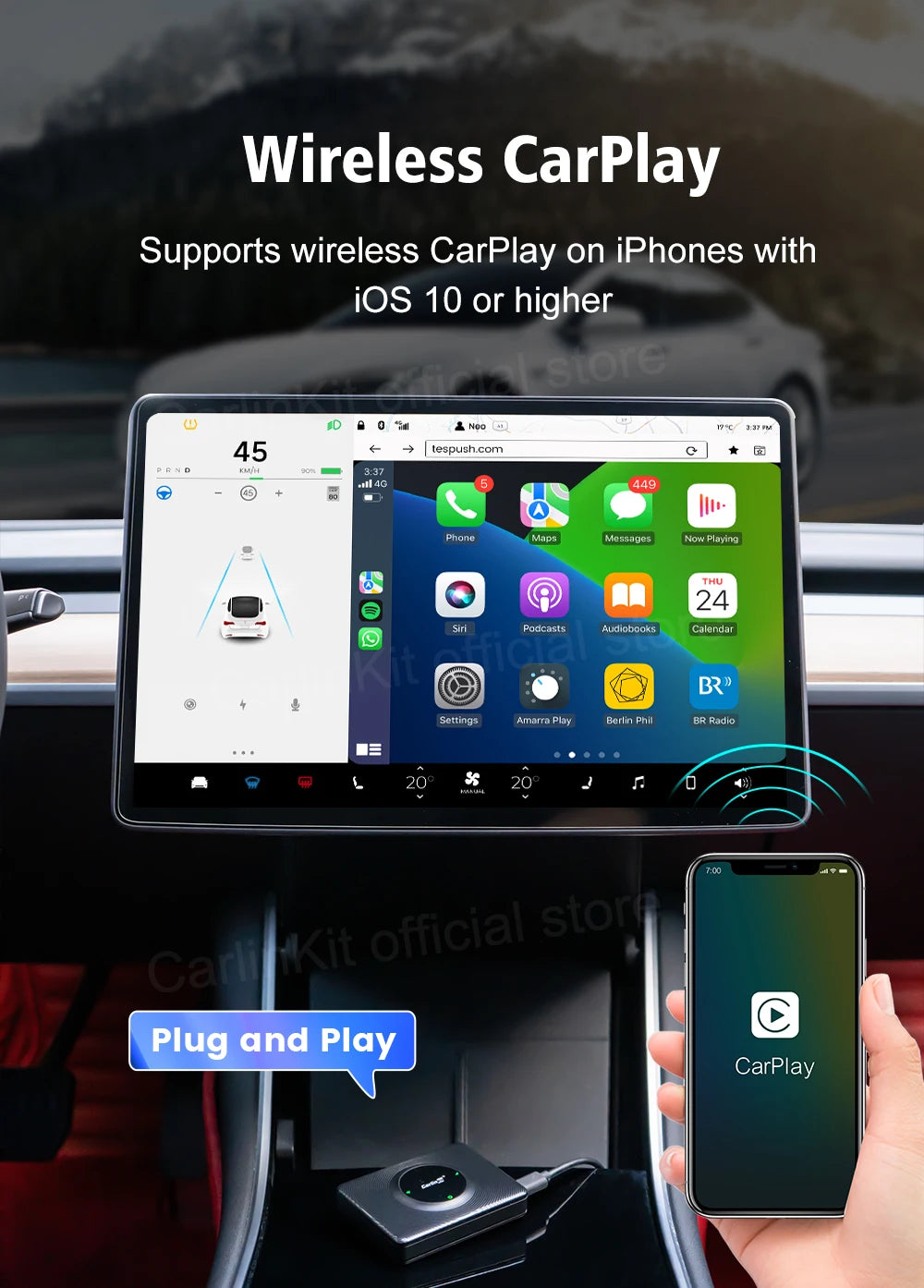 CarlinKit Wireless Android Auto & CarPlay USB Adapter For Tesla Car Model 3 Model Y Model X/S Online Upgrade Waze Spotify Ai Box