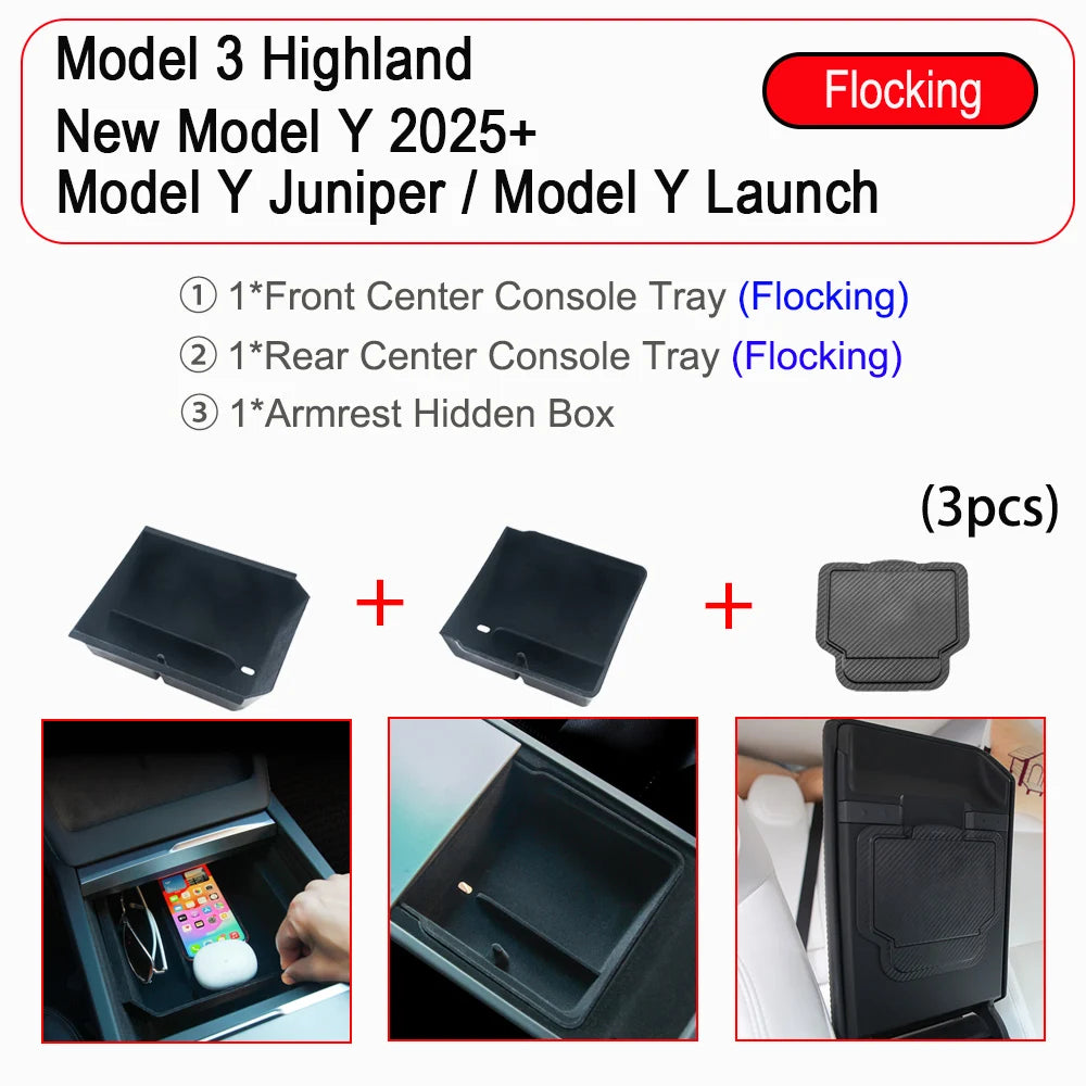 Center Console Trays for Tesla Model Y Juniper 2025 Launch Model 3 Highland Organizer Accessories Armrest Storage Box Cup Holder