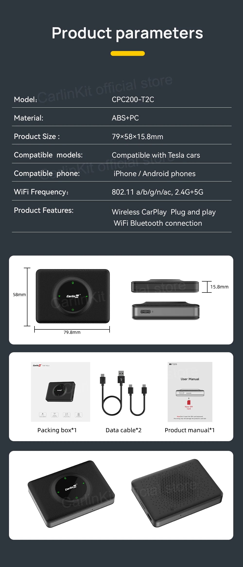 CarlinKit Wireless Android Auto & CarPlay USB Adapter For Tesla Car Model 3 Model Y Model X/S Online Upgrade Waze Spotify Ai Box