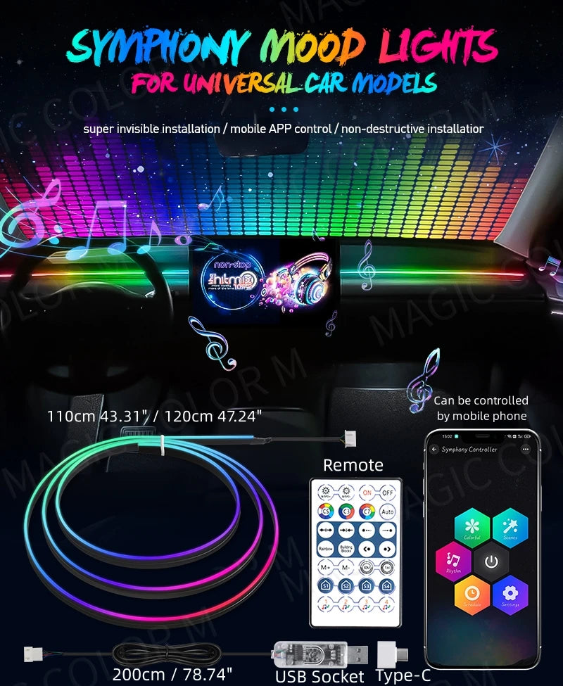 Vegetting 140cm Car Ambient Lights LED Interior RGB Symphony Atmosphere Lamp USB APP Control Remote for Tesla Model 3 Y S X