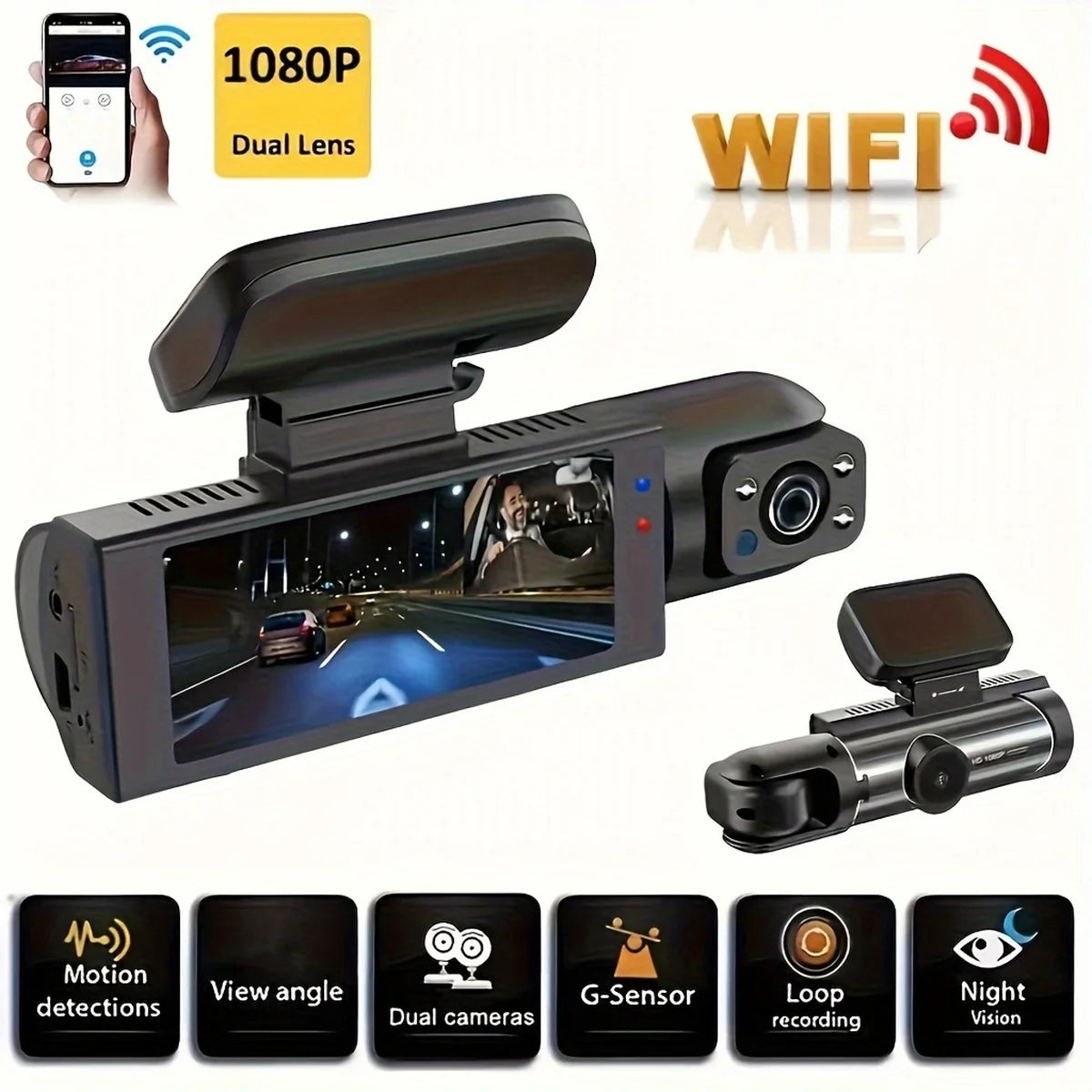 Dash Cam for Cars Dual Camera Front 1080P and Inside 720P with IR Night Vision, Loop Recording, and Wide Angle Lens