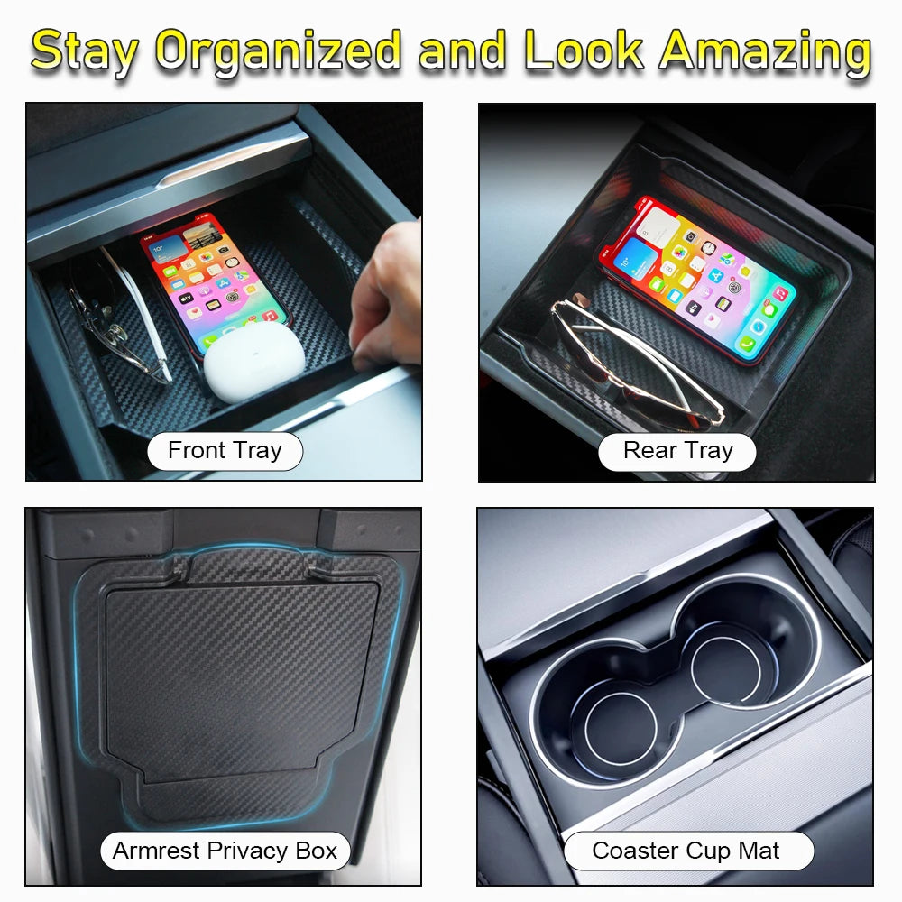 Center Console Trays for Tesla Model Y Juniper 2025 Launch Model 3 Highland Organizer Accessories Armrest Storage Box Cup Holder