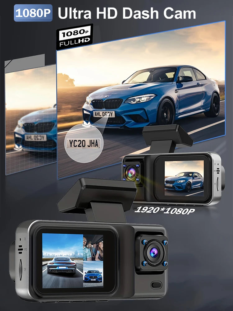Dash Cam for Cars 3 Channel Car DVR 1080P Camera Video Recorder Front and Rear Inside View Camera for Vehicle Three Way Dashcam